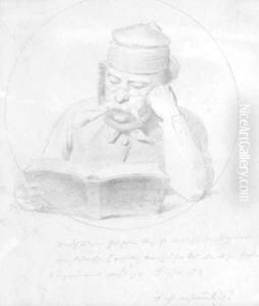 Der Maler Kaspar Braun (1807 Aschaffenburg - 1877 Munchen) Beim Lesen. Bleistift Auf Velin. 26 X 22 Cm. Im Passepartout, Unter Glas Gerahmt, Ruckseitig Auf Altem Schild Voll Bezeichnet. Oil Painting by Anton Muttenthaler