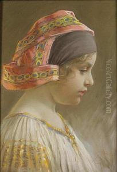 A Portrait Of A Girl In Profile Oil Painting by Kamil Vlasdislav Muttich