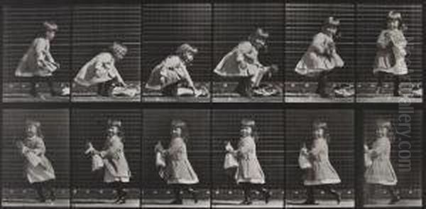 Child Lifting A Doll, Turning, And Walking Off Oil Painting by Eadweard Muybridge