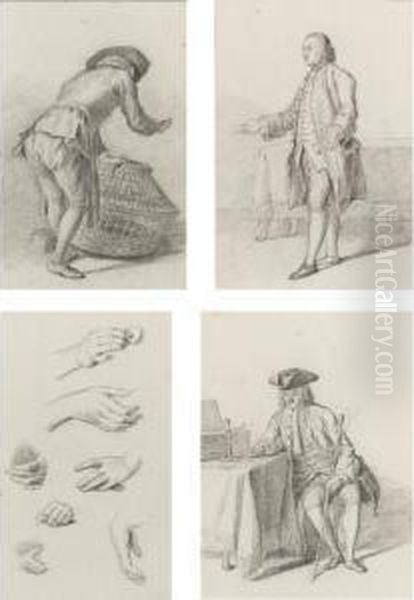 Four Studies: A) A Man Seen From Behind, Holding A Basket; B) A Gentleman Seated At A Table Wearing A Tricorn Hat; C) A Gentleman Standing By A Table With His Arms Outstretched; D) A Sheet Of Studies Of Hands Oil Painting by Nicolaes Muys