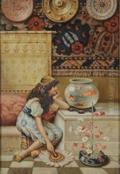 Bambina Con Pesci Oil Painting by Giovanni Muzzioli