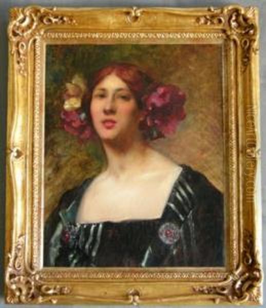 Ragazza A Mezzobusto Con Fiori Tra I Capelli Oil Painting by Giovanni Muzzioli