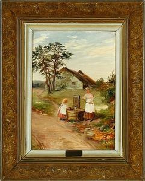 Mother And Daughter At A Pump Oil Painting by William Scott Myles