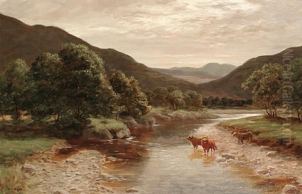 Cattle In A River Landscape Oil Painting by William Scott Myles