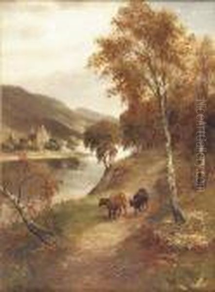 Cattle On A Path By A River Oil Painting by William Scott Myles