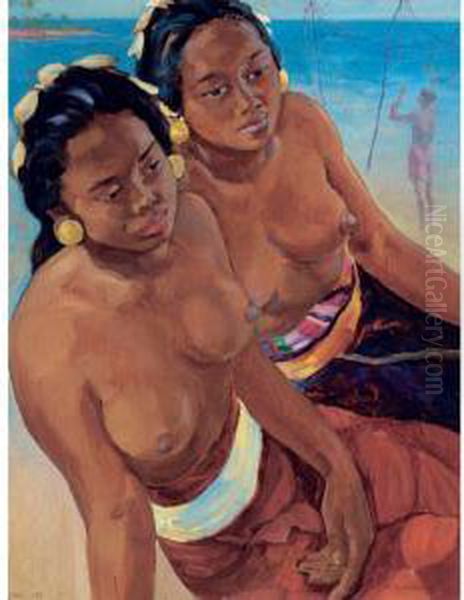 Two Balinese Girls On The Beach Oil Painting by Ceszlaw Mystkowsky