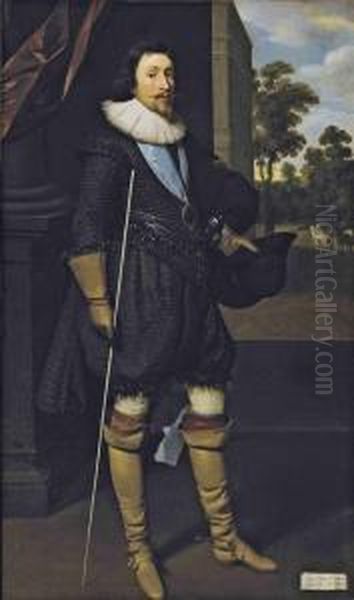 Portrait Of James Hamilton, 2nd Marquis Of Hamilton, K.g. (1589-1625), Full-length, In Black, Holding His Hat And The White Staff Of The Lord Steward Of The Household, Wearing The Ribbon Of The Garter, With A View Across A Terrace To A Landscape With Hors Oil Painting by Daniel Mytens