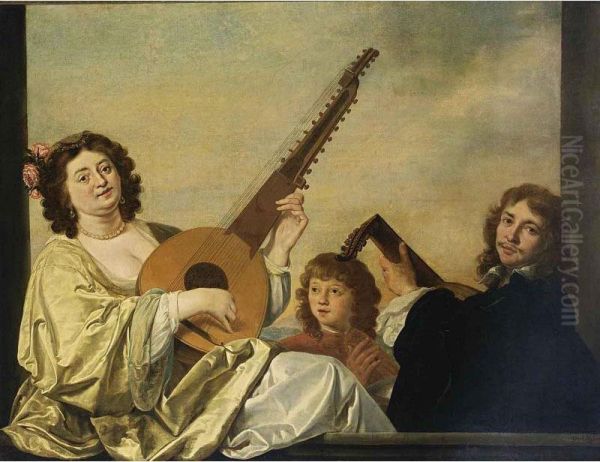 An Elegant Couple Playing A Theorbo-lute And A Lute Together With A Boy Singing Oil Painting by Isaac Mytens