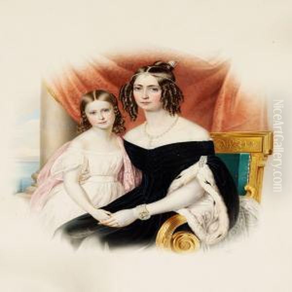 Portrait Of Empress Amelie-auguste-eugenie-napoleone Of Brazil With Her Daughter Marie-amelie-auguste Oil Painting by Franz Xaver Nachtmann