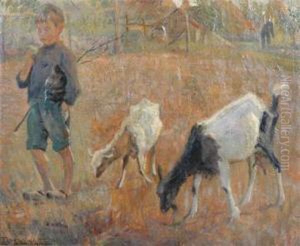 Young Boy With Two Goats In A Field Oil Painting by Frans Nackaerts