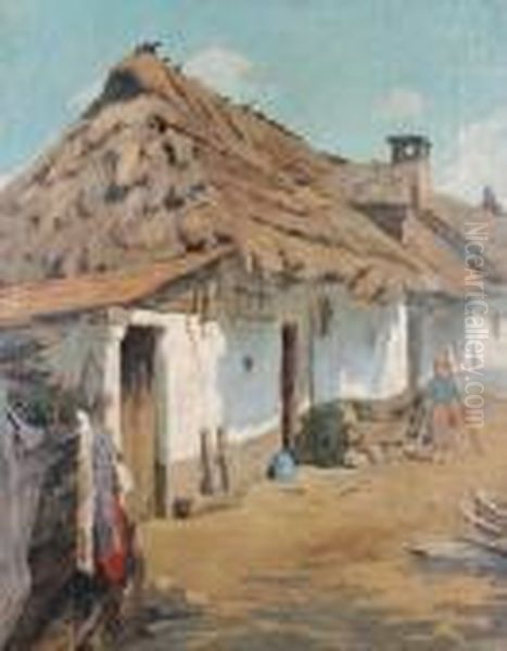 A Pair Of Village Street Scenes Oil Painting by Robert Nadler