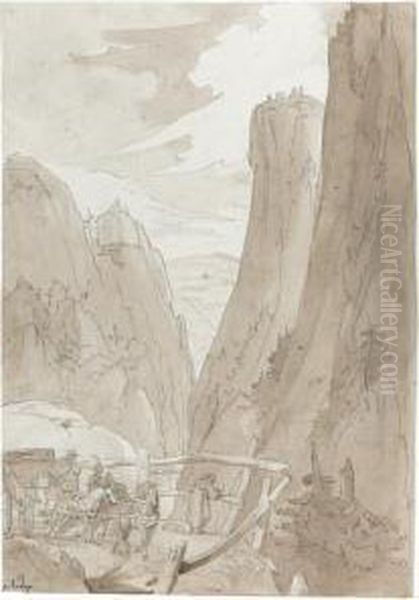 View Of The Via Mala, With A Coach And Horses And An Artist Sketching Oil Painting by Franz Joh. Heinr. Nadorp