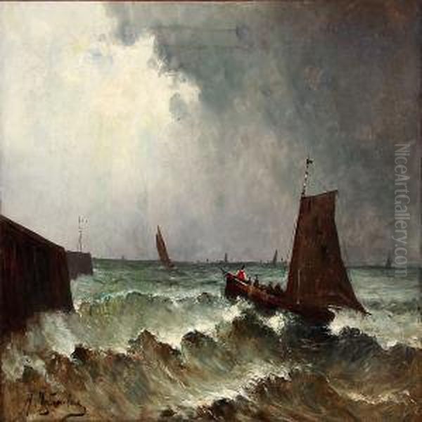 Coastal Scene With Sailing Ships In High Waves Oil Painting by Honore Nafraicheur