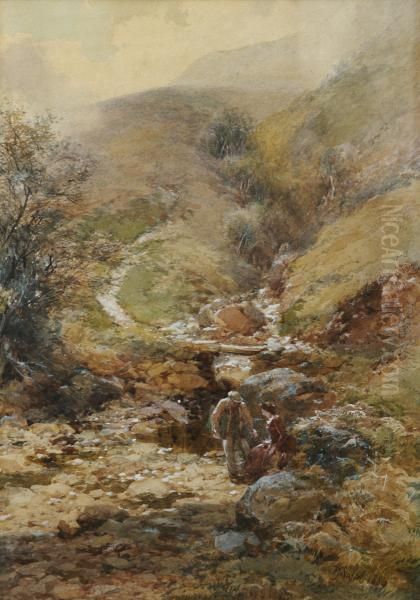 Figures By Mountain Stream Oil Painting by Paul Jacob Naftel