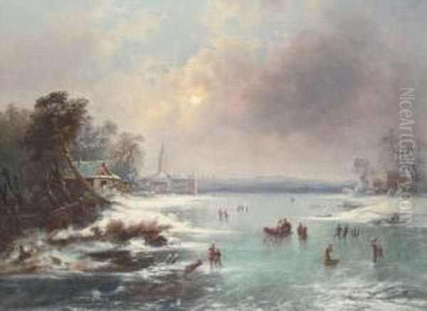 Figures Ice Skating On A Frozen Lake Oil Painting by Johan Friedrich Nagel