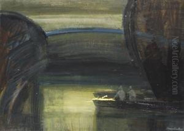 Hajnali Horgaszok, 1978 Oil Painting by Erno Nagy