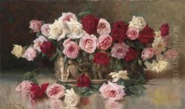 Largedecorative Still Life With Roses Oil Painting by Erno Nagy