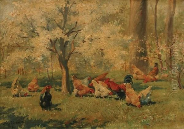 Chickens At The Woods Oil Painting by Sandor Nagy