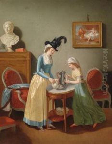 Interieur Mit Zwei Kaffee Trinkenden Damen Oil Painting by Johann August Ii Nahl