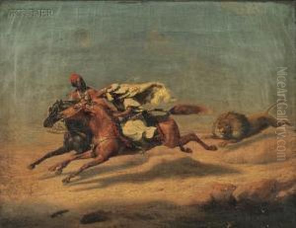 Arab Horsemen Fleeing A Lion Oil Painting by Charles Christian Nahl