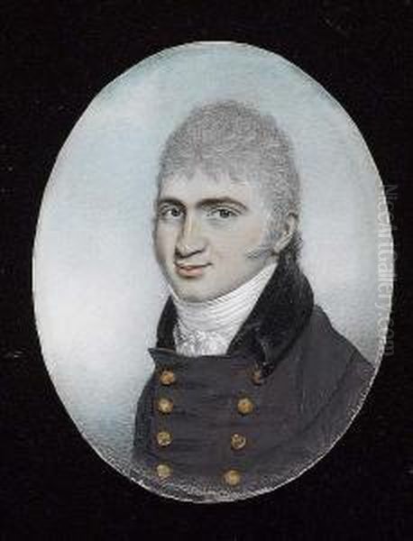 A Gentleman, Wearing Double-breasted Dark Grey Coat With Black Collar And Tied White Stock, His Hair Powdered. Oil Painting by William Naish