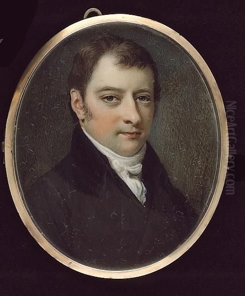 A Gentleman, Wearing Dark Grey Coat With Black Collar And Matching Waistcoat, White Tied Cravat Oil Painting by William Naish