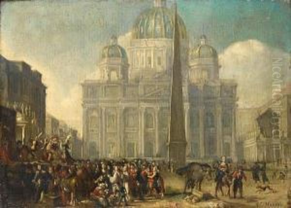 Figures Dancing On A Stage In The Piazza San Pietro, Rome by Matthijs Naiveu