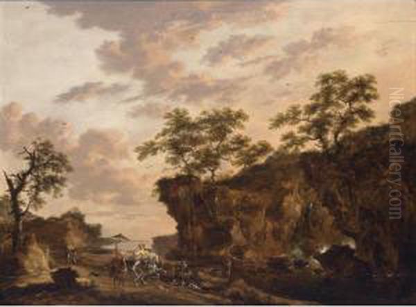 A Southern Landscape With A Wooden Bridge And Travellers By A Bluff With Their Horses And Dogs Oil Painting by Herman Naiwincx