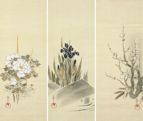 Plum, Iris And Peony Oil Painting by Hochu Nakamura