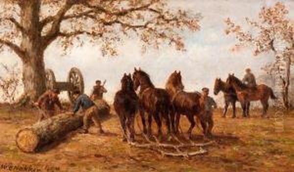 Three Fellers With Workhorses And Logging Wheels Oil Painting by Willem Carel Nakken