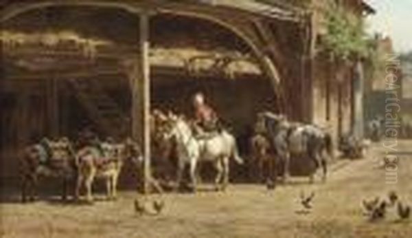 Donkeys And Horses Gathered Under A Shelter N A Summer's Day Oil Painting by Willem Carel Nakken