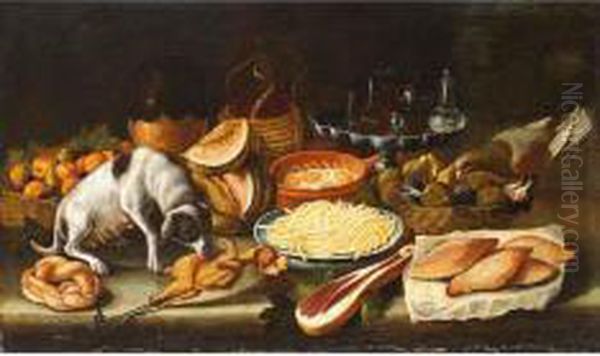 Natura Morta Con Cane, Carni, Frutta, Melone E Pasta Oil Painting by Giacomo Nani