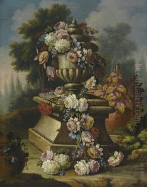 A Still Life With A Garland Of Roses, Tulips, Carnations And Other Flowers, Draped Around A Stone Urn In A Landscape Oil Painting by Giacomo Nani