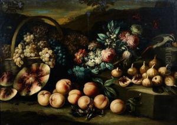 Nature Morte De Fruits Et De Fleurs Dans Un Paysage Oil Painting by Giacomo Nani