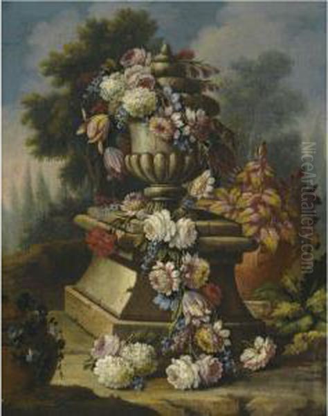 Still Life With A Garland Of Roses, Tulips, Carnations And Otherflowers, Draped Around A Stone Urn In A Landscape Oil Painting by Giacomo Nani