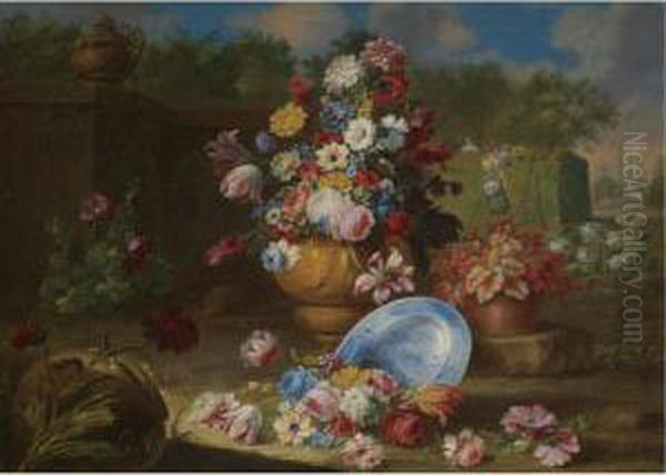 A Garden Landscape With Carnations, Roses, Tulips And Other Flowers In Vases, An Urn To The Left Oil Painting by Giacomo Nani