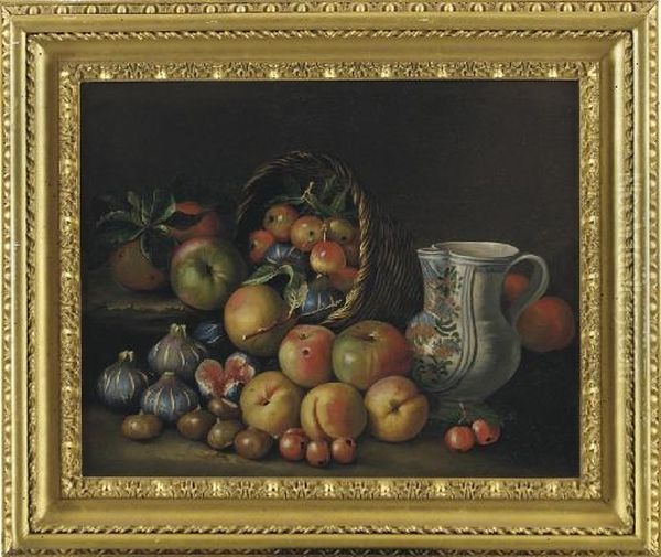 A Basket Of Apples And Figs With Hazelnuts, Cherries, Peaches And A Porcelain Jug On A Ledge Oil Painting by Giacomo Nani