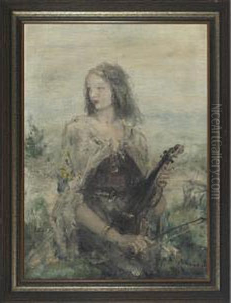 Beauty Playing A Violin In A Landscape Oil Painting by Aurel Naray