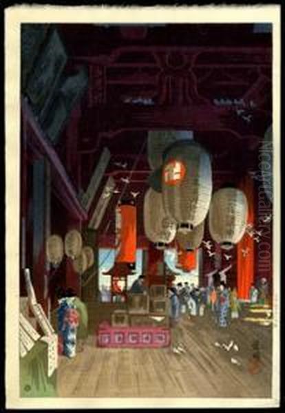 The Interior Of Asakusa Temple Oil Painting by Eisho Narazaki