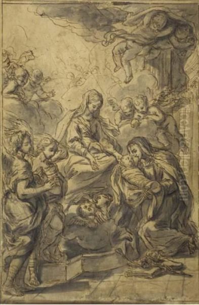 La Vierge Presentant L'enfant Jesus A Sainte Catherine De Sienne Entouree D'anges Et De Putti Oil Painting by Giuseppe Nicola Nasini