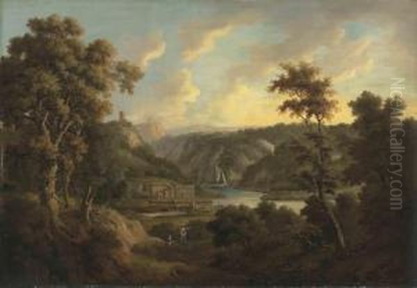 An Extensive Wooded Mountainous River Landscape With Figures On A Track, Shipping Beyond Oil Painting by Alexander Nasmyth