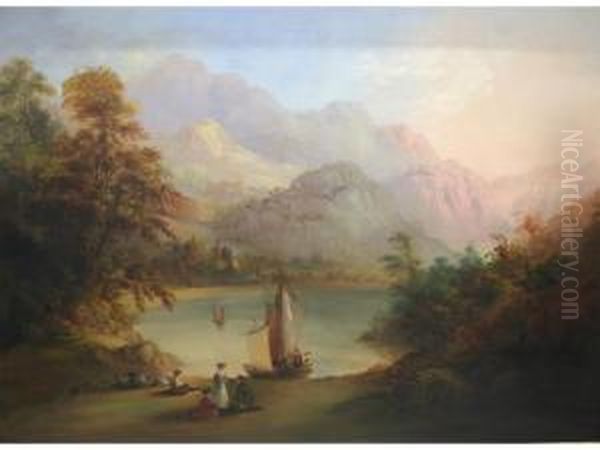 Figures With Sheep By A Boat On The Shores Of A Loch Oil Painting by Charlotte Nasmyth