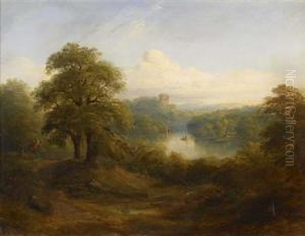 A Wooded Landscape With Loch And Distant Tower Oil Painting by Charlotte Nasmyth