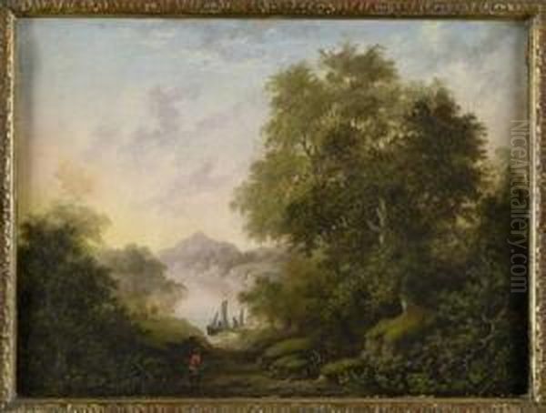 A Wooded Highland Landscape With Fishing Boat On A Loch Oil Painting by Charlotte Nasmyth