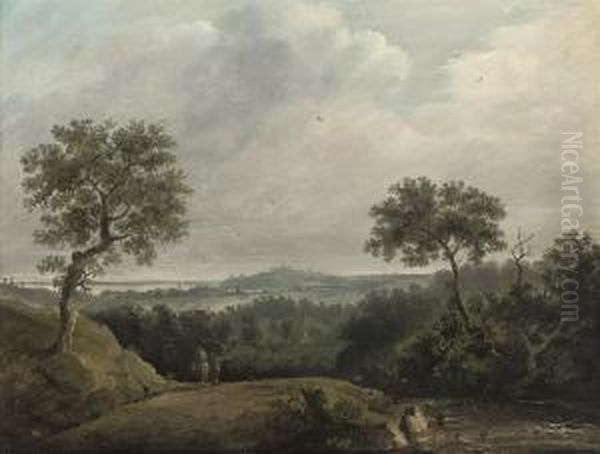 Figures And A Horse In An Extensive Landscape Oil Painting by James Nasmyth