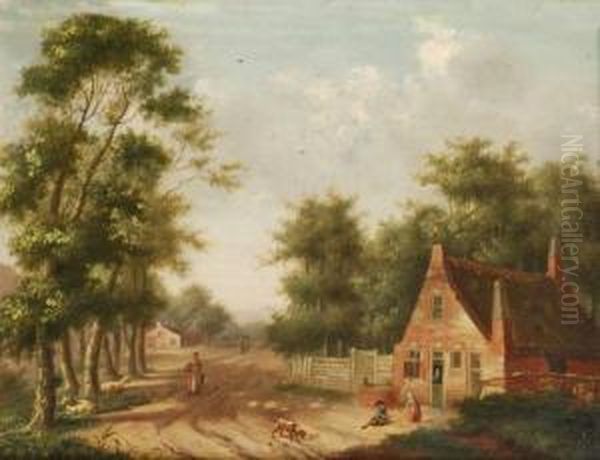 Figurespassing A Country Cottage Oil Painting by Jane Nasmyth