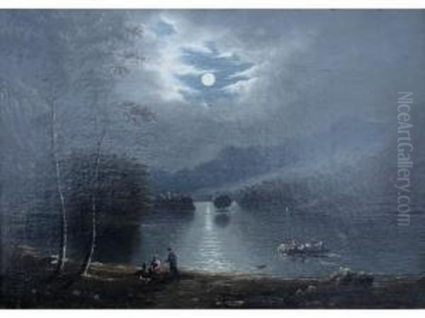 Moonlit Lake Landscape With Figures And A Boat Oil Painting by Jane Nasmyth