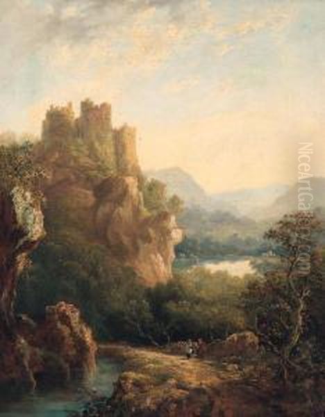 Figures Resting On A Path Before A Hilltop Castle Oil Painting by Margaret Nasmyth