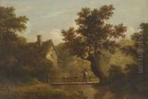 A Figure Crossing A Wooden Bridge Before A Cottage Oil Painting by Patrick, Peter Nasmyth