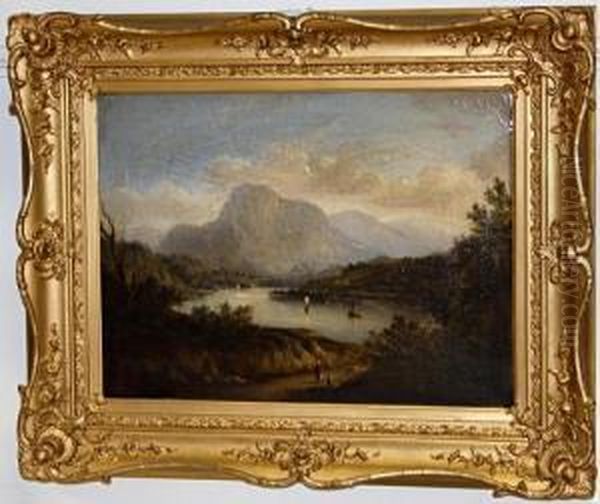 Mountainous Lake Scene, With Figures On A Track To The Foreground Oil Painting by Patrick, Peter Nasmyth